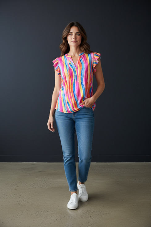 Dear Scarlett Tops - Dear Scarlett - Colorful Flutter Sleeve Lizzy Top - Large